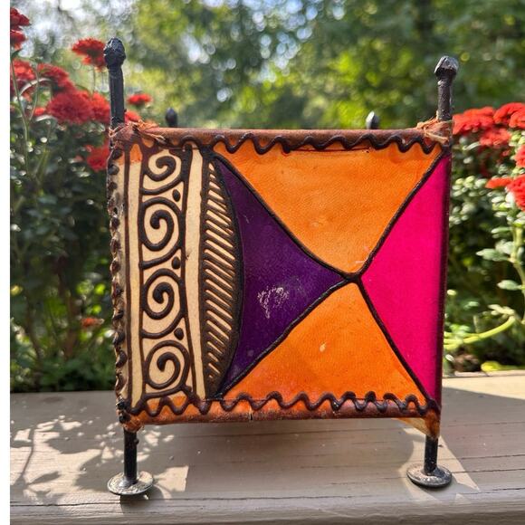 Candle holder Vintage Stretched Skin Square Painted ethnic tribal metal pink 7” - Picture 3 of 14